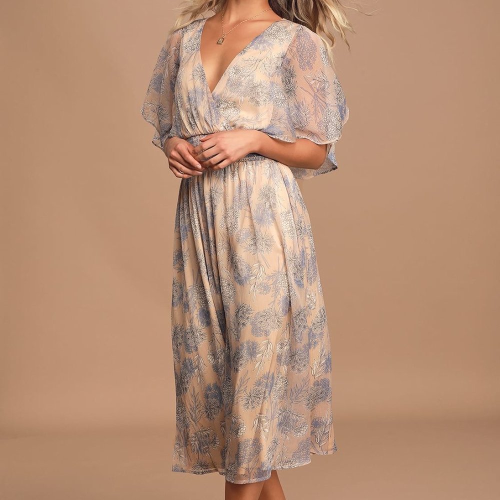 Lulu's Subtle Romance Beige Floral Print Ruffled Midi Dress
